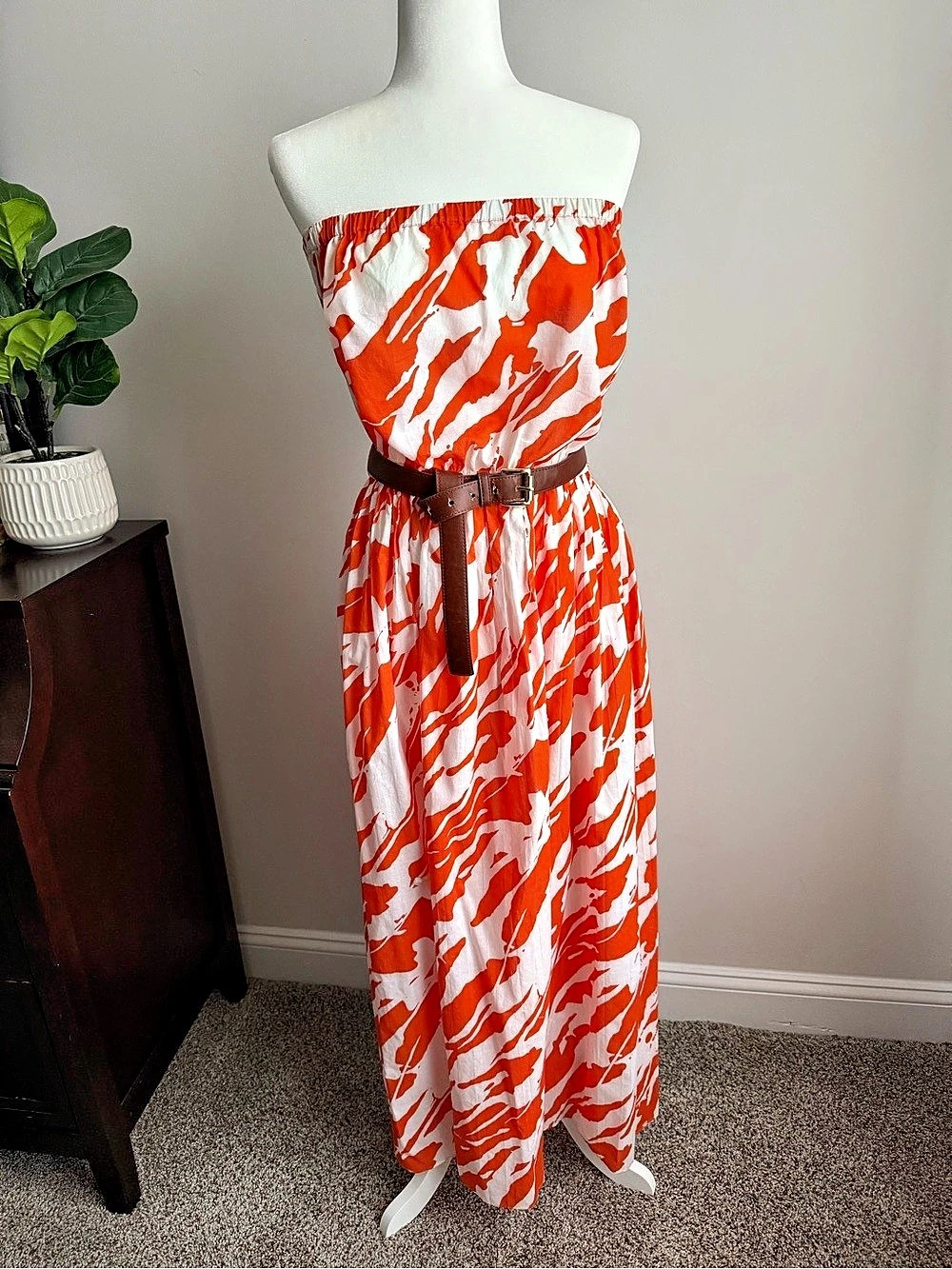 Michael Kors Strapless Maxi Dress in Orange & White, Size 10